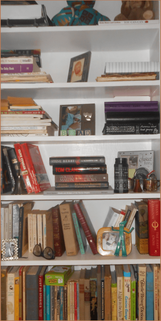 Bookshelf with books, toys, and photos in child's room