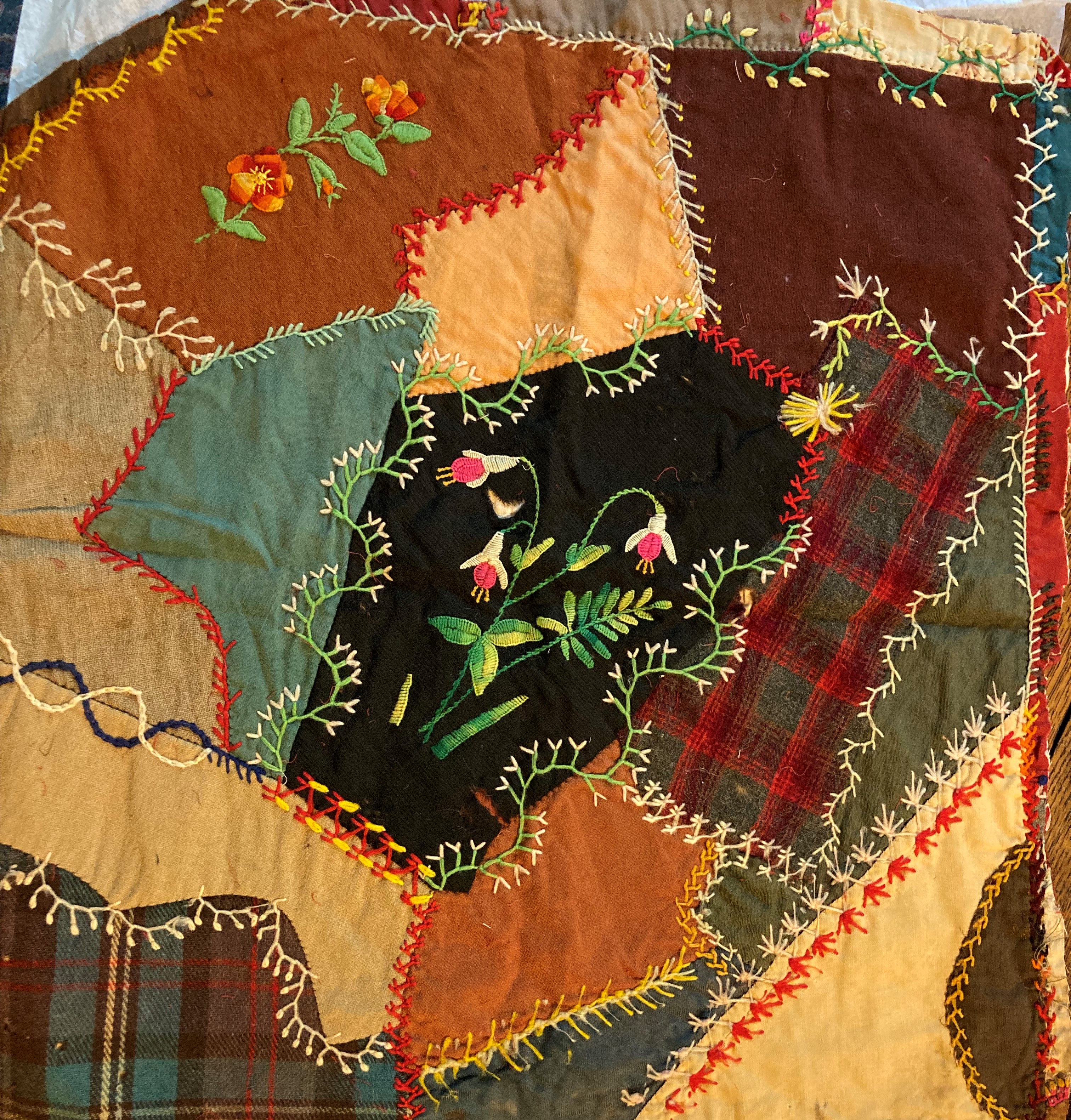 Vintage crazy quilt with hand embroidery of flowers and patterns